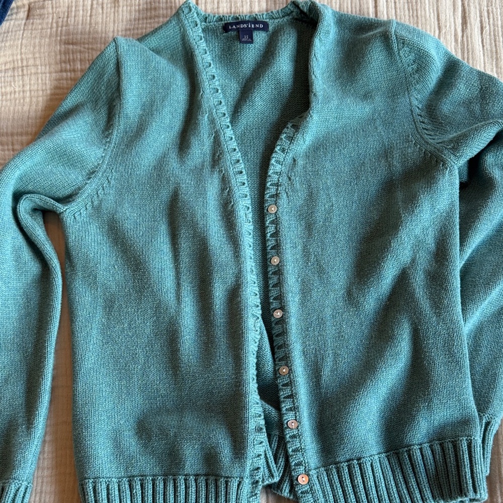 Vintage lands end 100% cotton Teal Cardigan Sweater